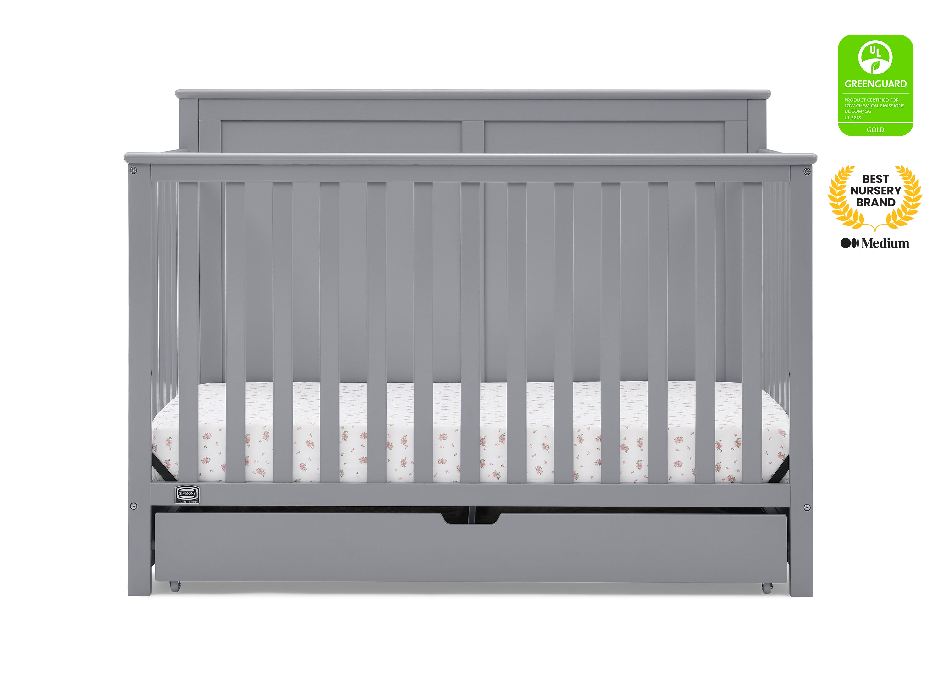 Simmons Kids Logan 6 in 1 Convertible Crib with Underdrawer Greenguard Gold Certified Gray