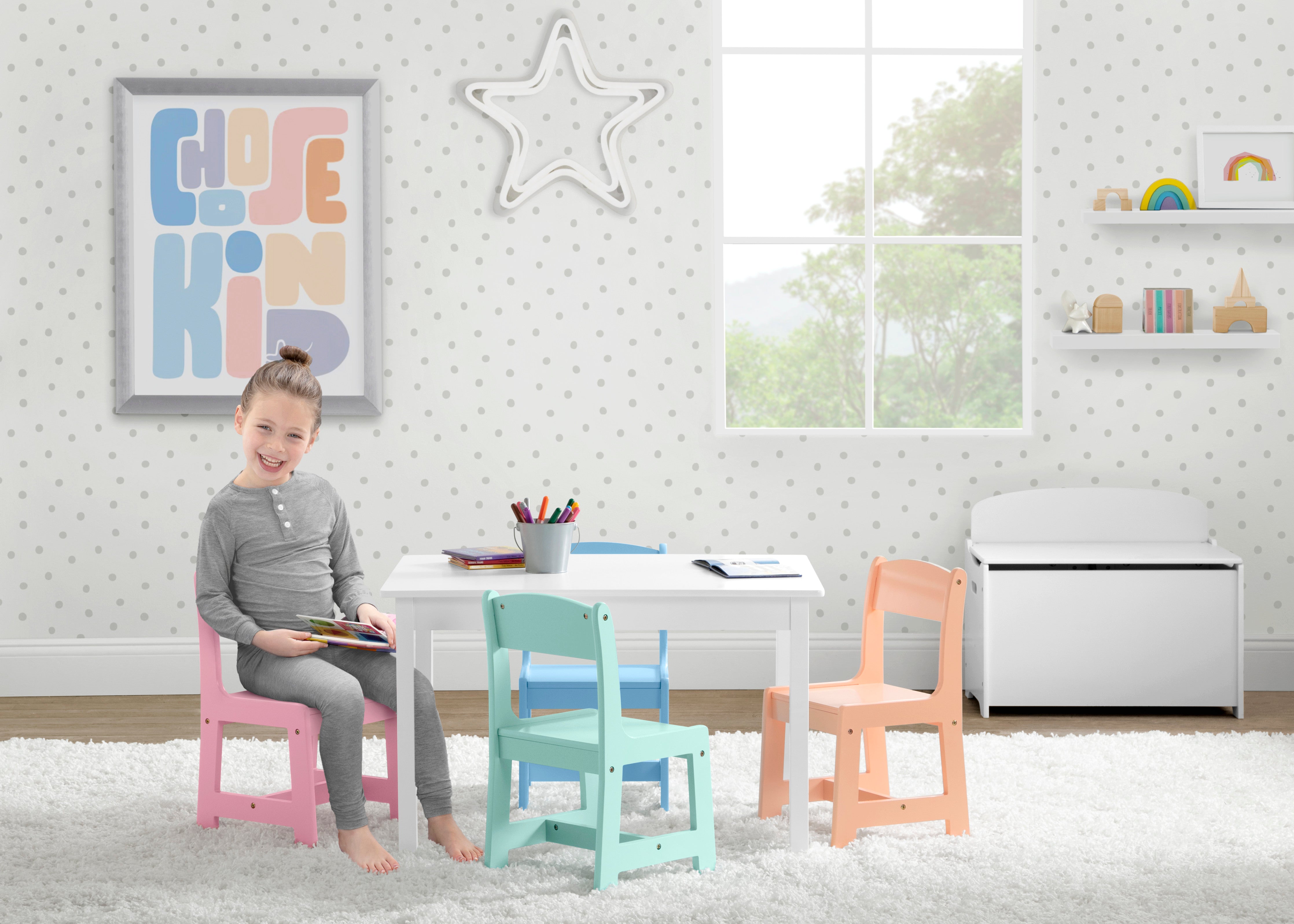 Delta Children MySize Kids Table with 4 Chairs, Bianca White/Pastel
