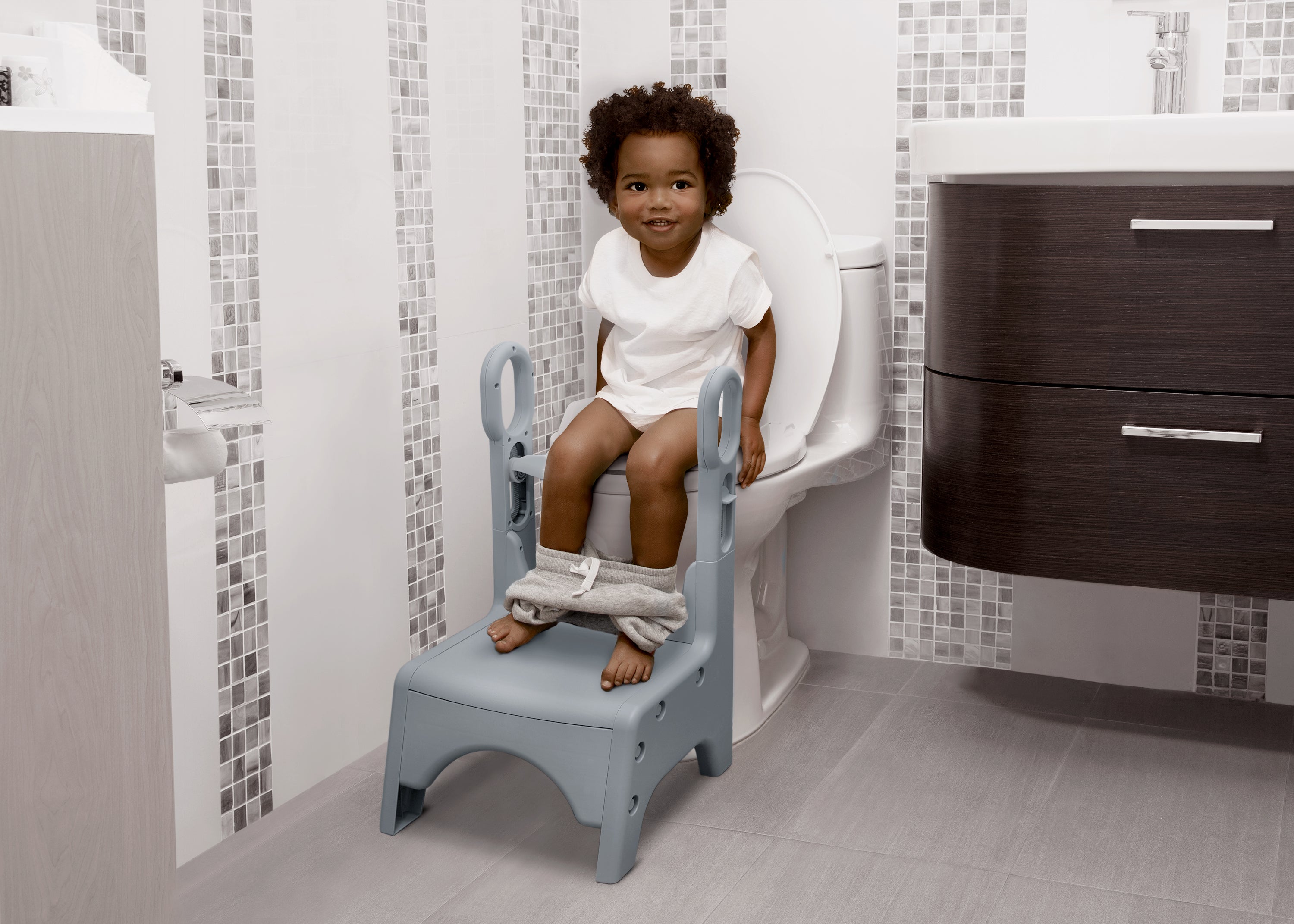 Delta Children Little Jon-EE Adjustable Potty Seat and Step Stool, White/Grey