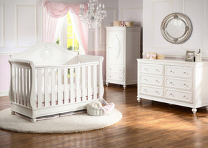 Delta Children White Ambiance (108) Princess Magical Dreams 4-in-1 Crib Front View, Crib Conversion, Room View b1b 6