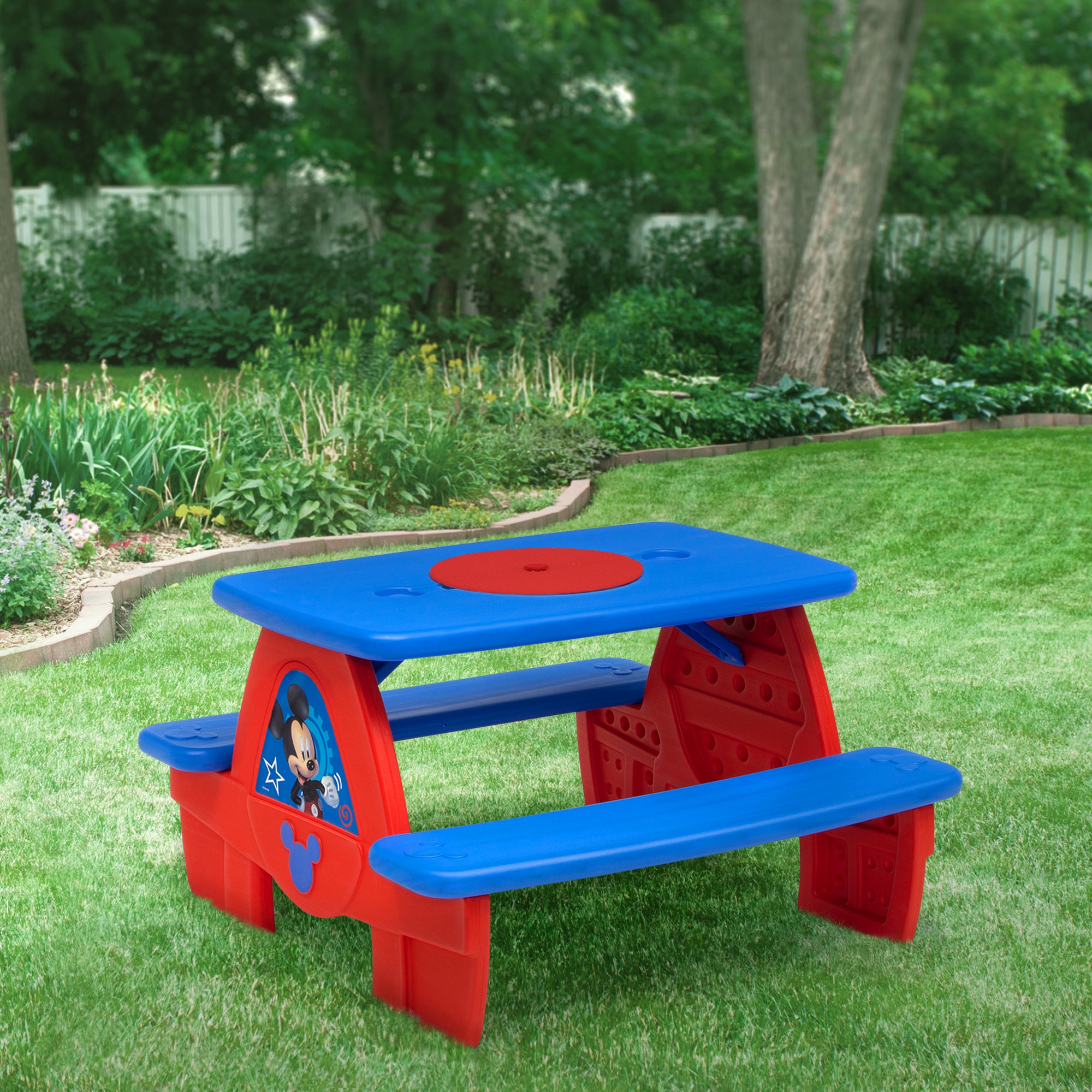 Mickey Mouse 4 Seat Activity Picnic Table with LEGO Compatible Tableto Delta Children