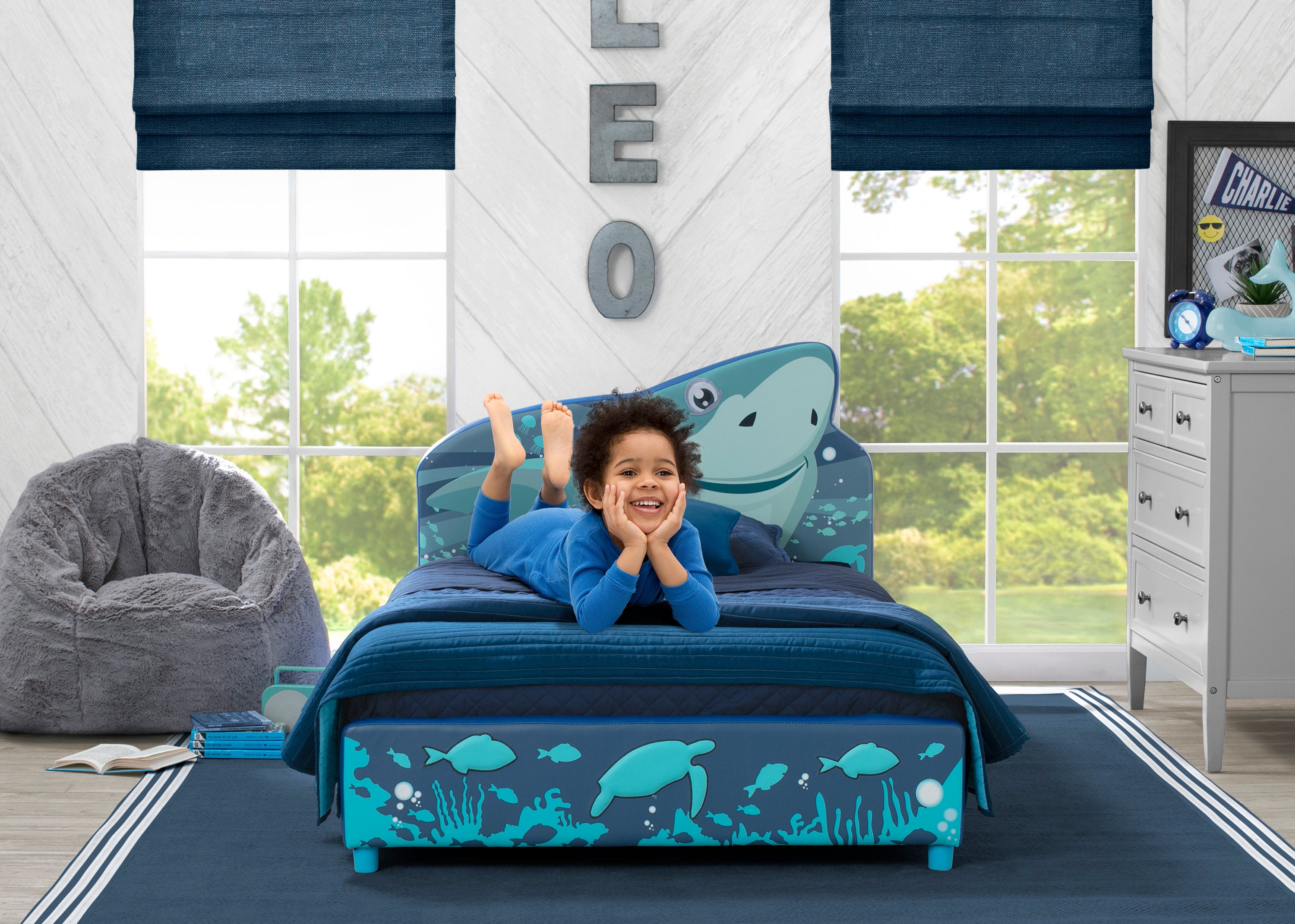 Delta Children Shark Upholstered Twin Bed, Blue