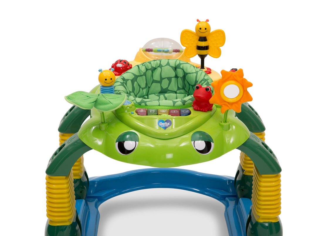 Colorful baby activity center with various toys on a white background