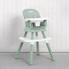 A light sage green and white plastic high chair with a matching footrest, shown against a white wood-paneled wall and gray carpet. The brand name 'Jeep' is printed on the backrest. 19-Milestone 6-in-1 High Chair