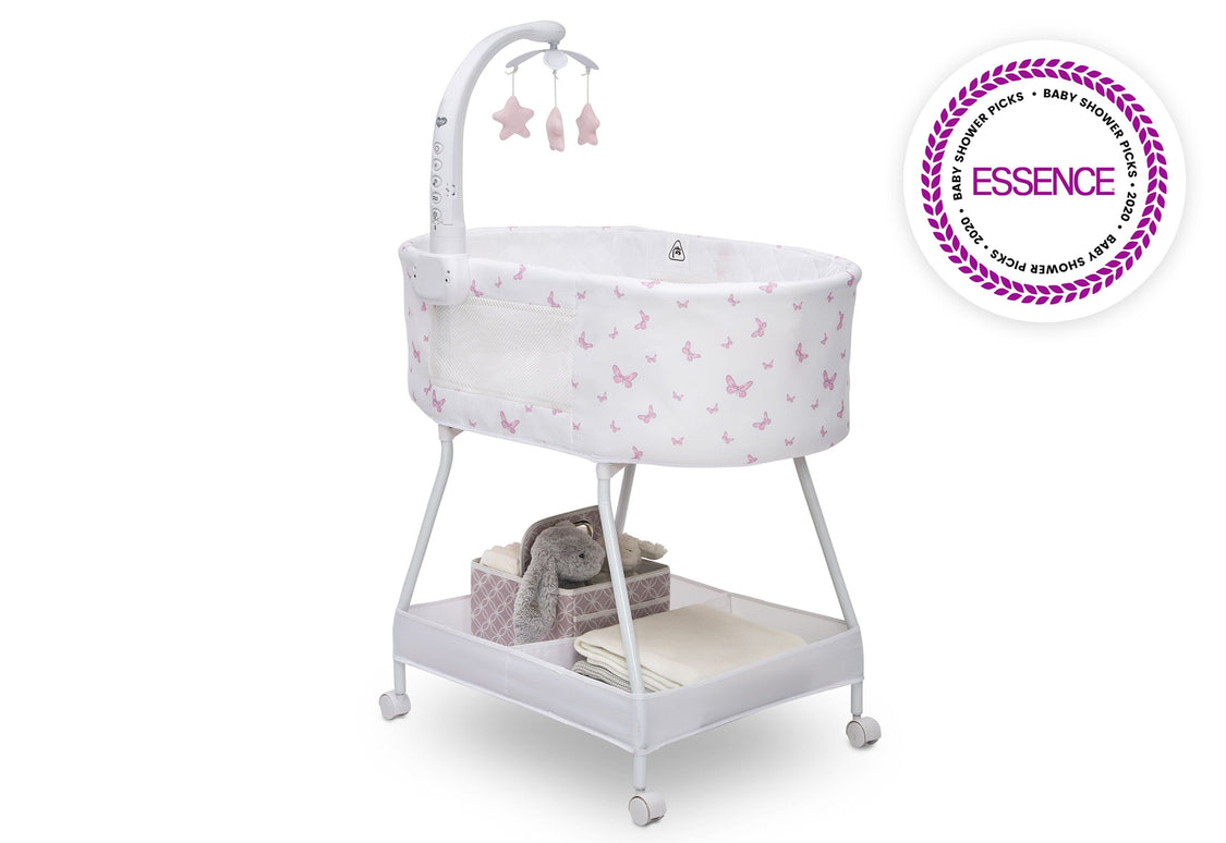 Baby bassinet with mobile and toys on a white background, featuring the Essence brand logo.