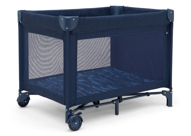 Navy blue children's playpen with wheels on a white background