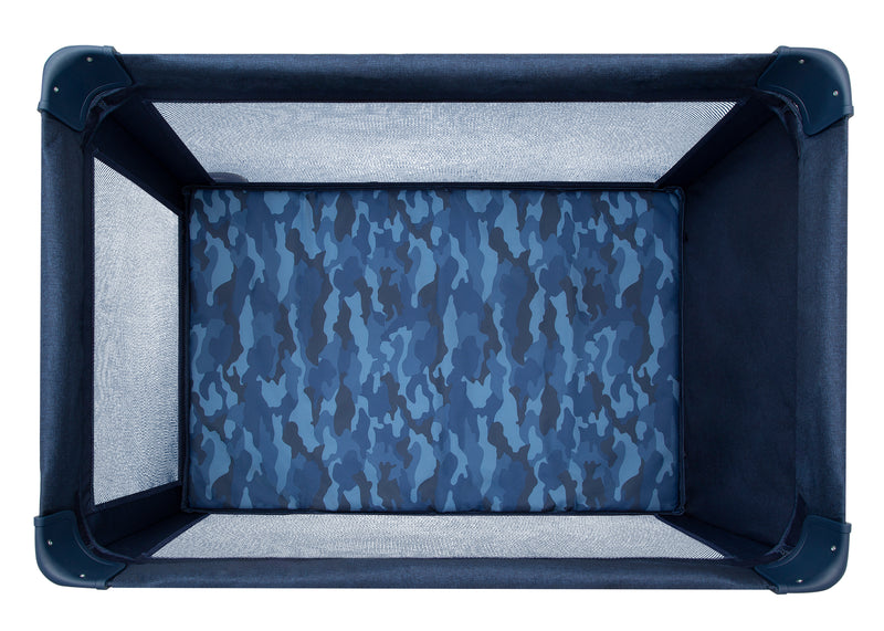 Blue camouflage-patterned pet playpen on a white background