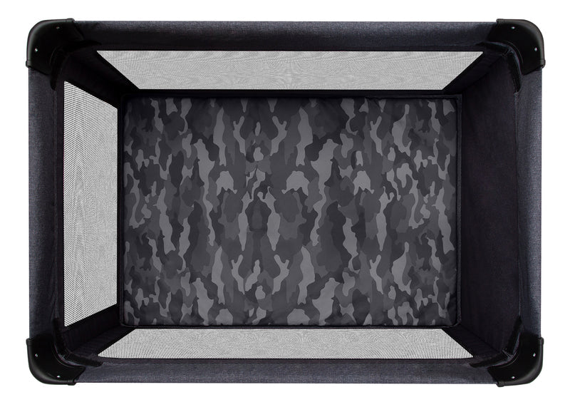 Black pet playpen with camouflage pattern on a white background