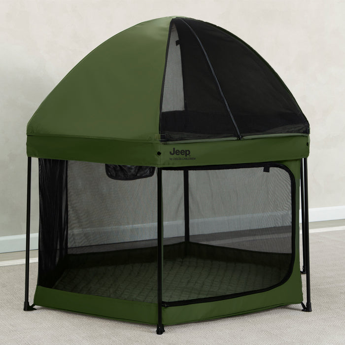 Green and black Jeep pet tent on a neutral background 2-Hexagon Pop Up Play Yard with Removable Canopy
