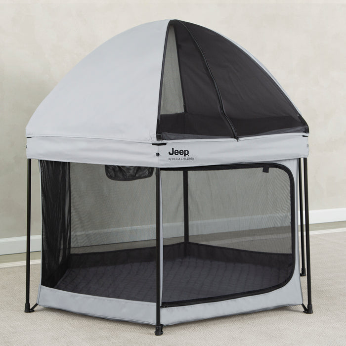 Gray and black tent with Jeep logo on a plain background 2-Hexagon Pop Up Play Yard with Removable Canopy