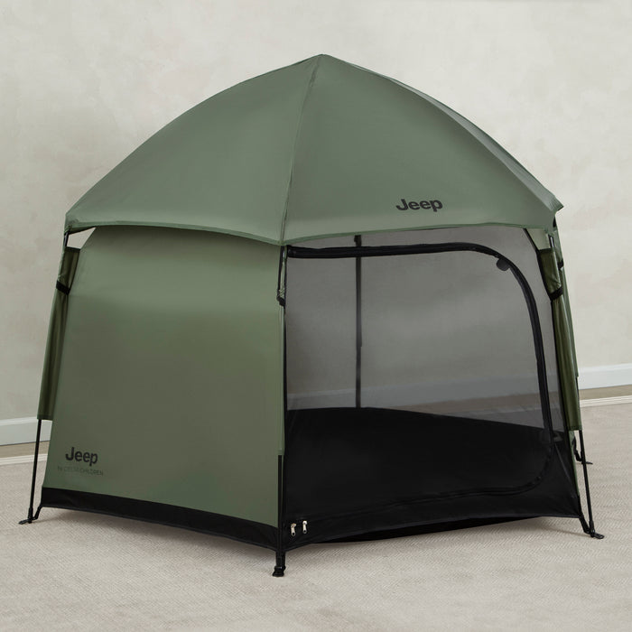 Green Jeep tent with a black floor on a plain background 0-Hex-Lite Travel Pop-Up Play Yard