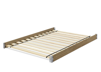 Wooden bed frame with metal brackets on a white background