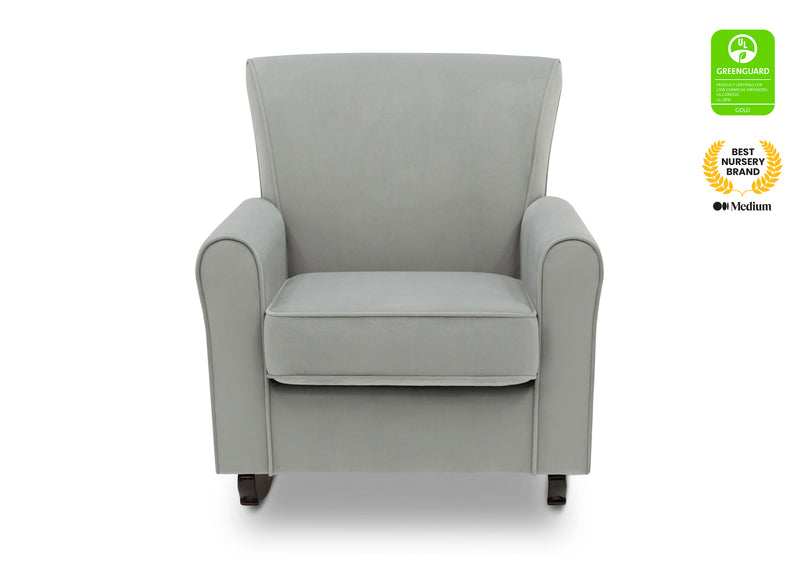 Gray armchair with GreenGuard and Best Nursery Medium labels on a white background 17-Lancaster Rocking Chair featuring LiveSmart Fabric by Culp