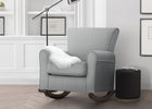 Gray armchair with a white fur throw in a modern living room. 18-Lancaster Rocking Chair featuring LiveSmart Fabric by Culp