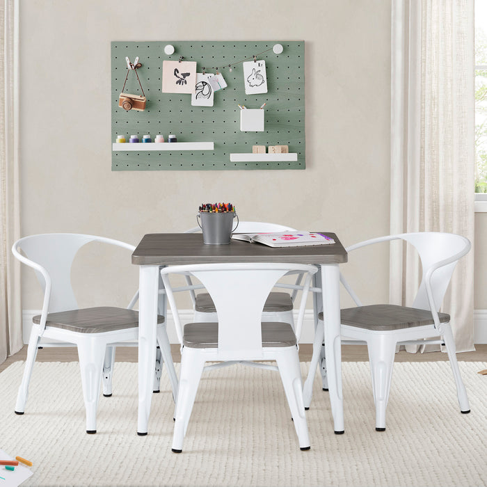 560302 153 Bistro Table White wGrey Barnboard Lifestyle 108 3-Bistro Table and 4 Chair Set