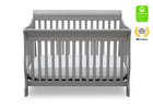 Gray crib with a white mattress on a white background, featuring a GreenGuard Gold badge. 43-Canton 4-in-1 Crib