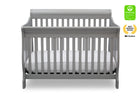 Gray crib with white mattress on a white background, featuring GreenGuard certification badge. 25-Canton 4-in-1 Crib