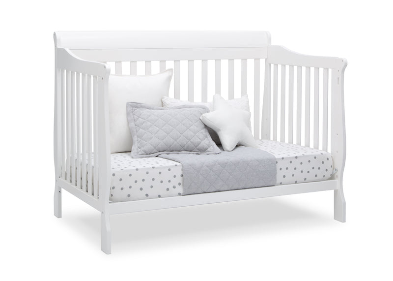 White crib with gray and white bedding on a white background 34-Canton 4-in-1 Crib