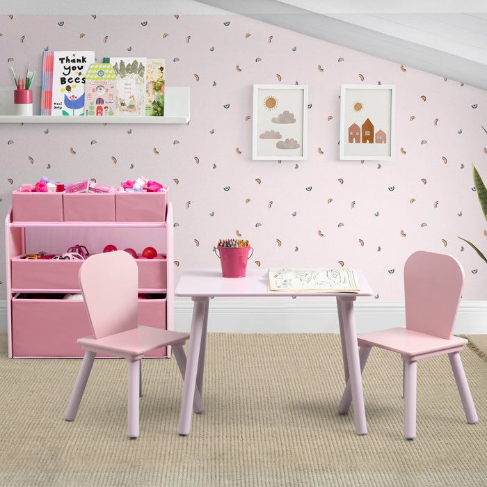 99643GN 1265 playroom set pink WM lifestyle 101 2-4-Piece Toddler Playroom Set – Includes Play Table with Dry Erase Tabletop and 6 Bin Toy Organizer with Reusable Vinyl Cling Stickers