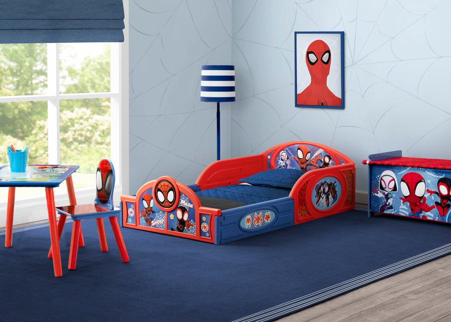 Spider-Man (1164) 1-Marvel Spidey and His Amazing Friends 4-Piece Toddler Room-in-a-Box Set – Includes Sleep and Play Toddler Bed, Table, 1 Chair and Toy Box