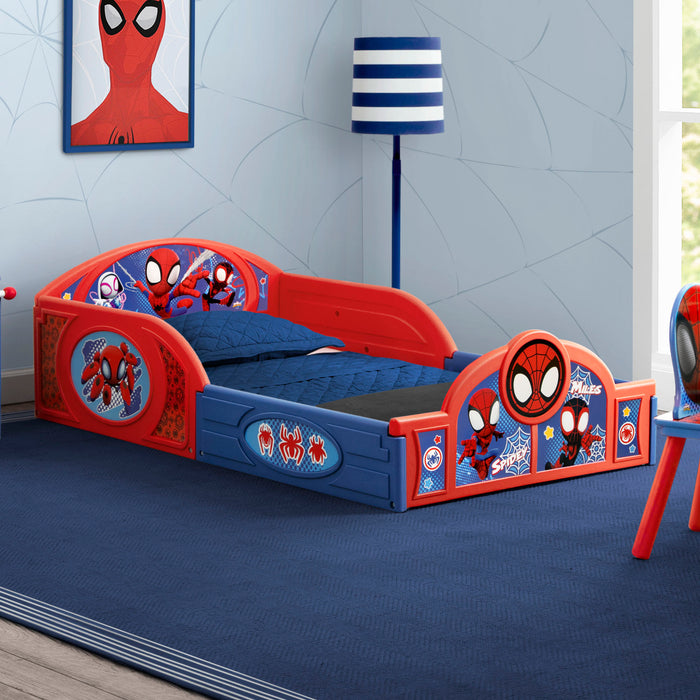 99762SM 1164 4PC amz riab spidey lifestyle 02 2-Marvel Spidey and His Amazing Friends 4-Piece Toddler Room-in-a-Box Set – Includes Sleep and Play Toddler Bed, Table, 1 Chair and Toy Box