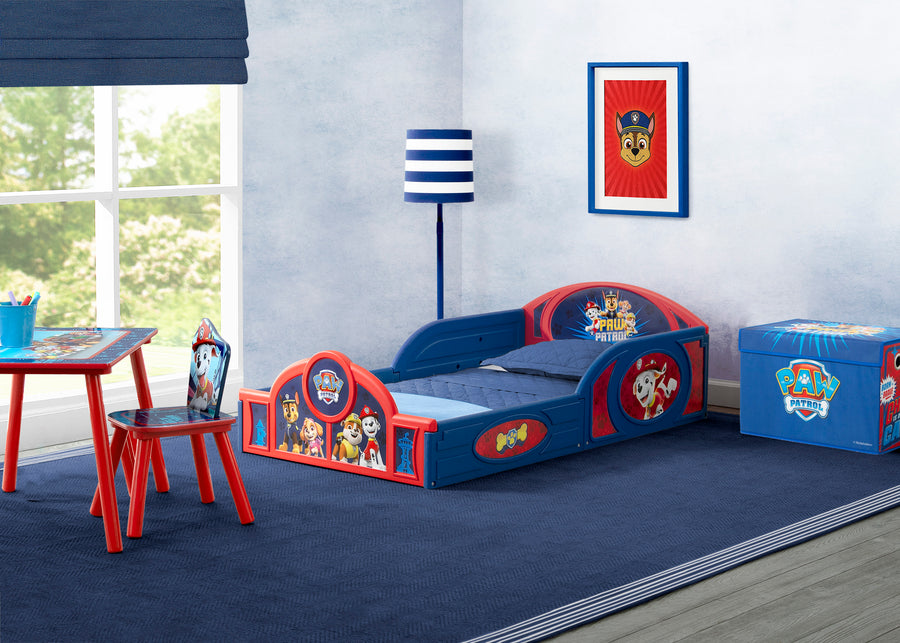 Paw Patrol (1121) 1-Paw Patrol 4-Piece Toddler Room-In-A-Box Set – Includes Sleep And Play Toddler Bed, Table, 1 Chair And Fabric Toy Box