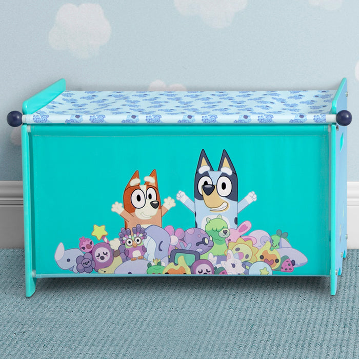 Toy box with cartoon characters on a light blue background 3-Bluey Toy Box with Retractable Fabric Top