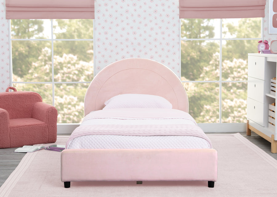 Pink with Velvet Piping (12081) 1-Upholstered Twin Bed with Round Headboard