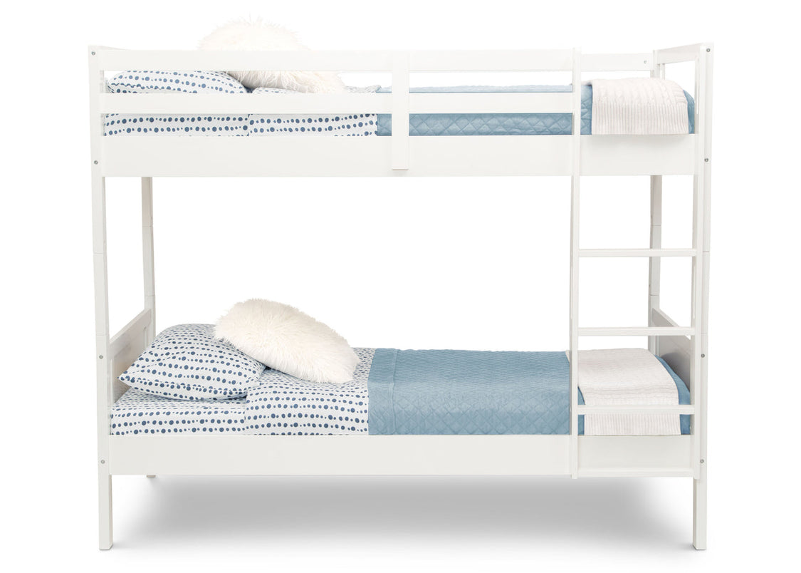 White bunk bed with blue and white bedding on a white background