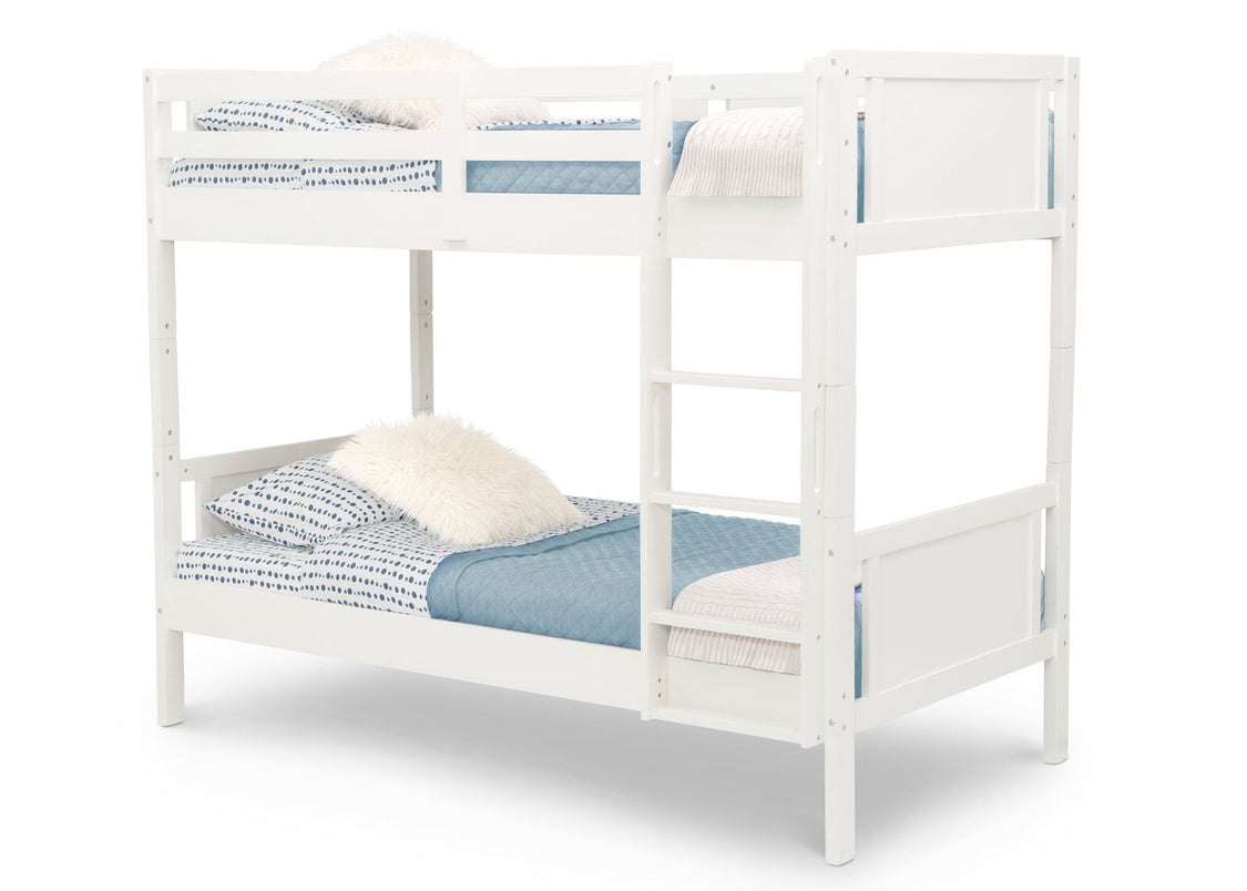 White bunk bed with blue bedding on a white background