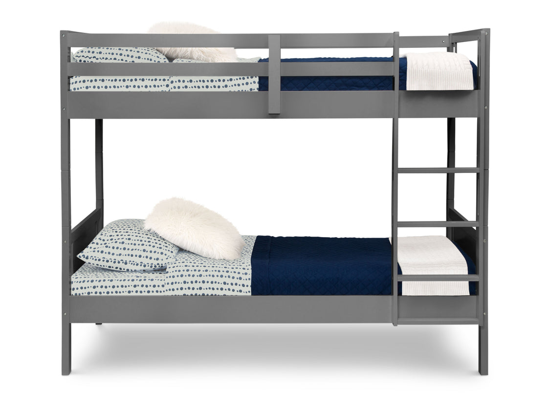 Gray metal bunk bed with blue and white bedding on a white background