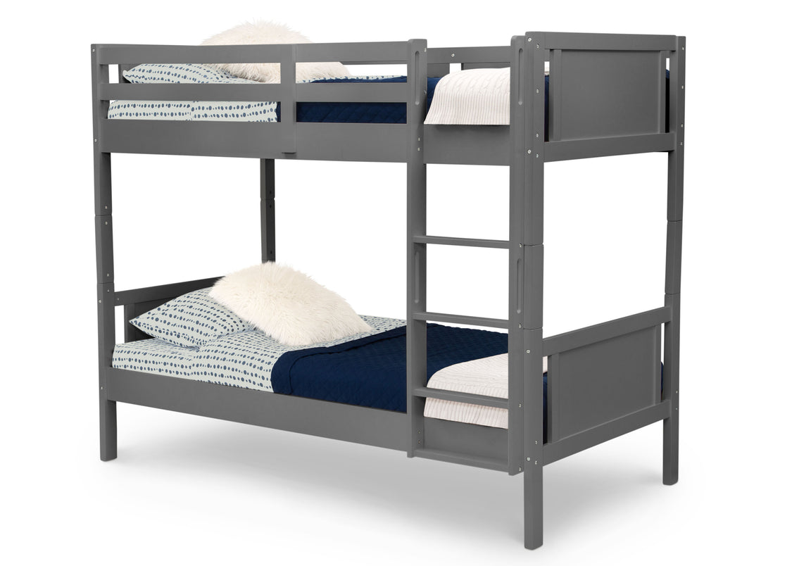 Gray bunk bed with white bedding on a white background