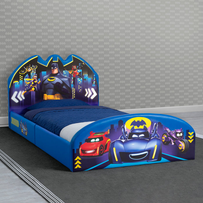 Children's bed with Batman and car design on a gray background 2-Batman Batwheels Upholstered Twin Bed