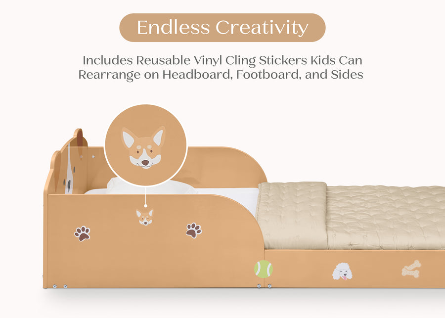 Puppy (1239) 2-Puppy Wood Floor Toddler Bed with Reusable Stickers