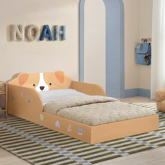 Children's bed with bear designs in a room with 'NOAH' letters on the wall. 2-Puppy Wood Floor Toddler Bed with Reusable Stickers