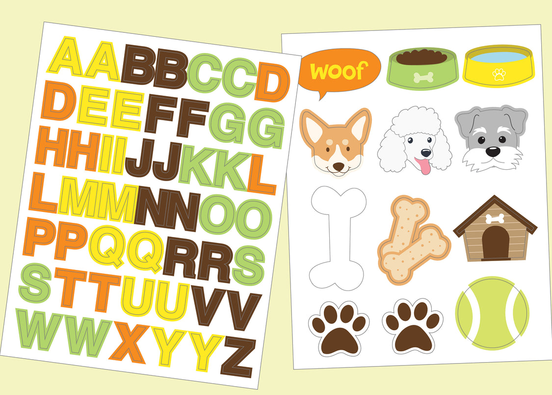 Set of educational stickers with letters, dog-related images, and a 'woof' speech bubble on a light yellow background.