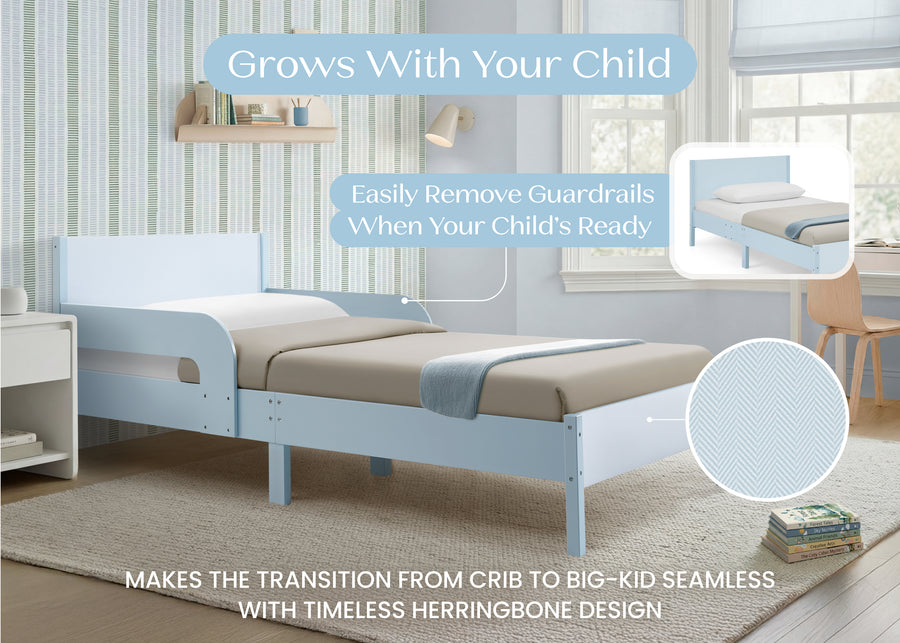 Light Blue Herringbone (1725) 2-Cora Wood Twin Bed with Removable Guardrails