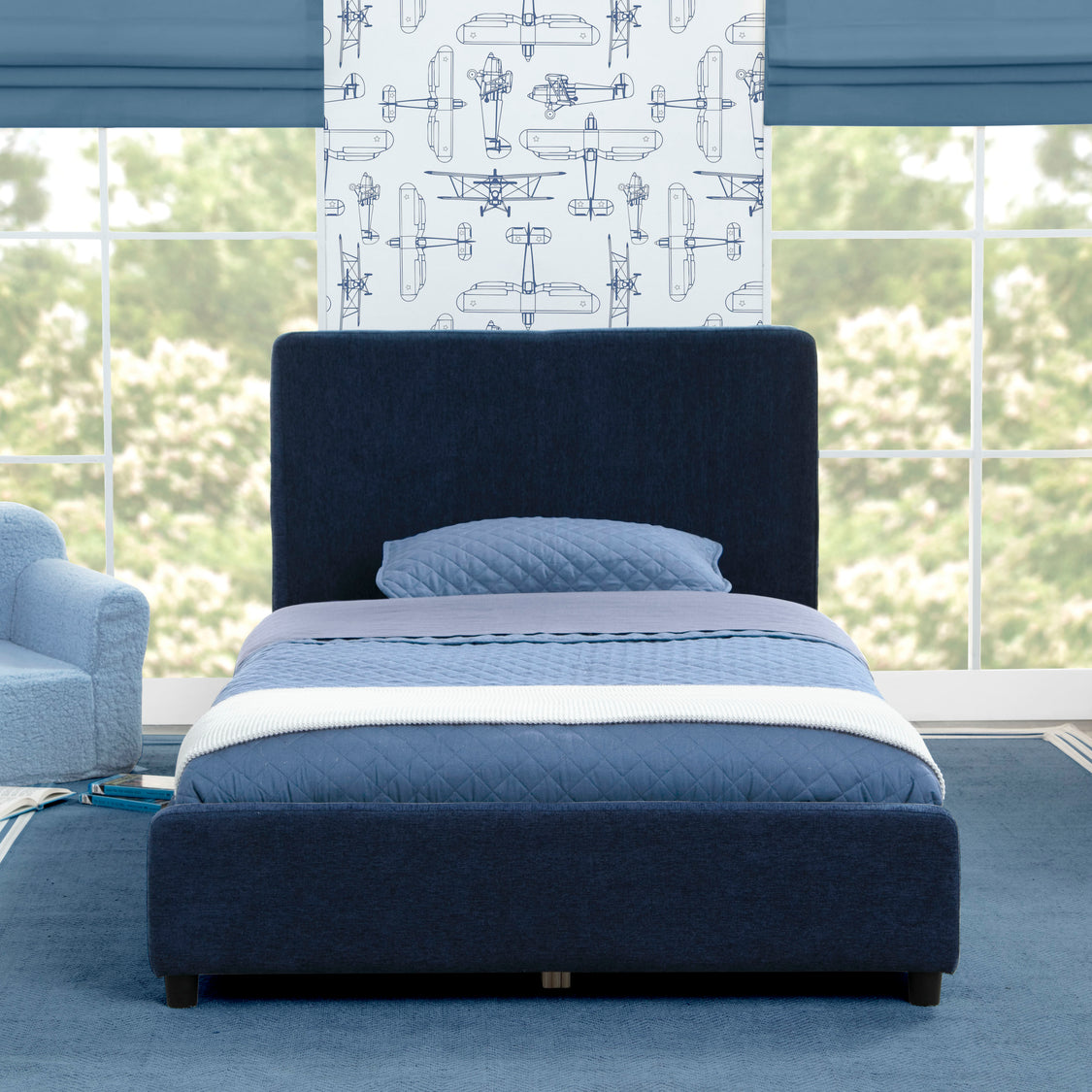 Delta Children Upholstered Twin Size Bed With Headboard, Premium Wood Slat Support, No Box Spring Needed, Easy Assembly, Navy Tweed