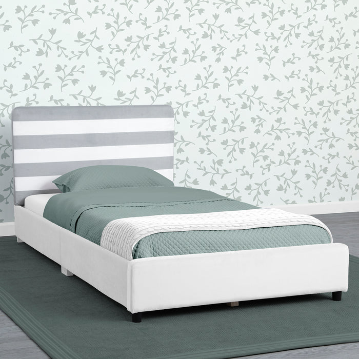 BB81573GN 1603 upholstered twin bed white grey stripes velvet lifestyle 101 0-Upholstered Twin Bed with Headboard