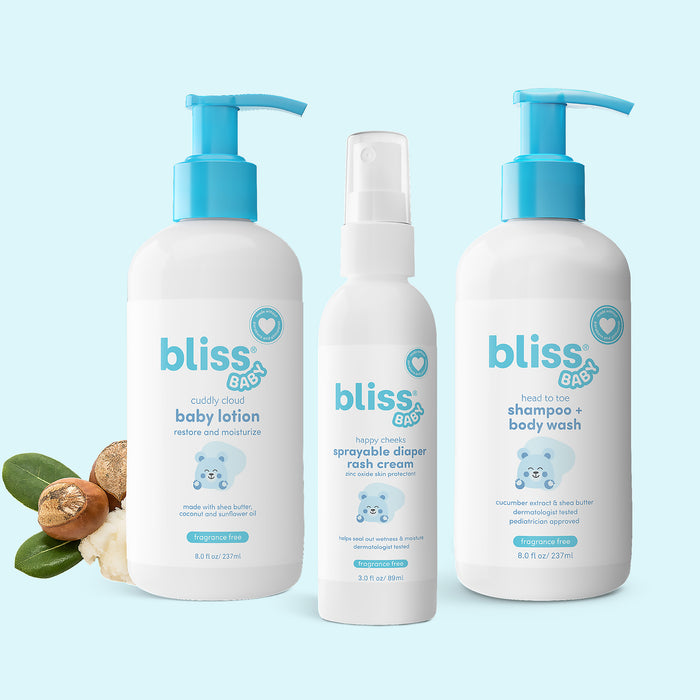 Three bottles of bliss BABY products on a light blue background 3-Baby Care Essentials - Gift Set