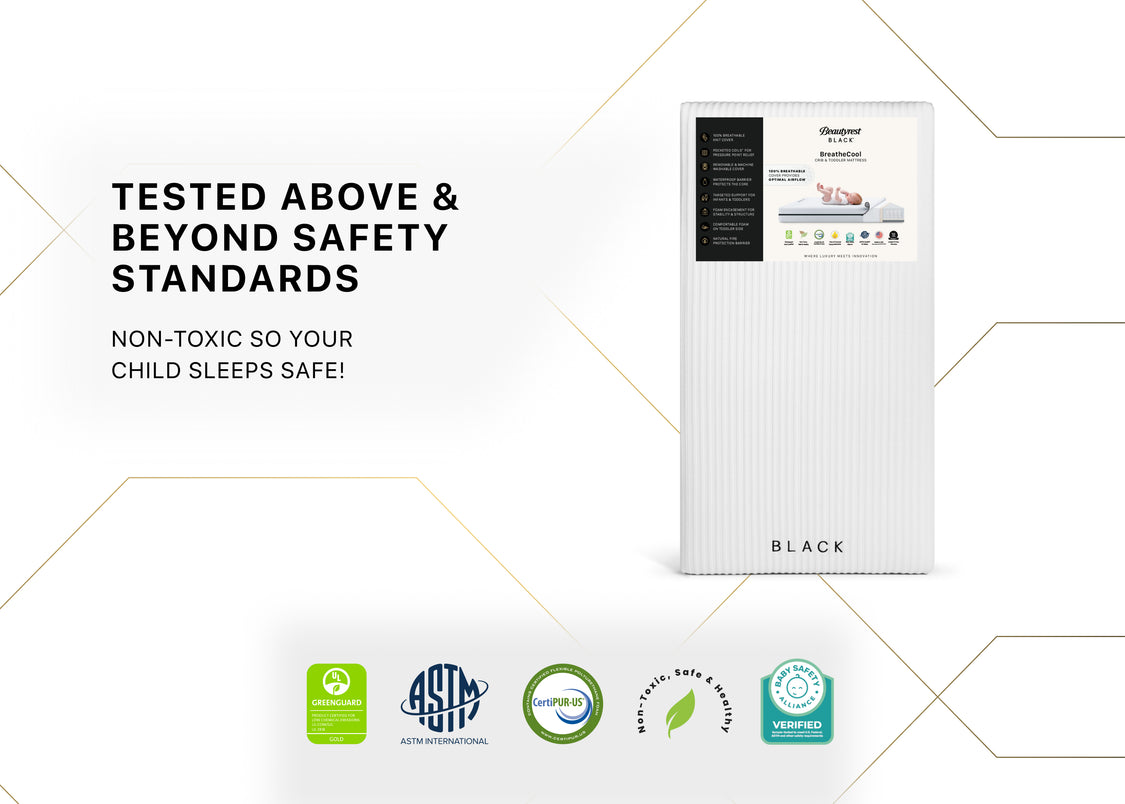 Product packaging with safety certification logos on a white background