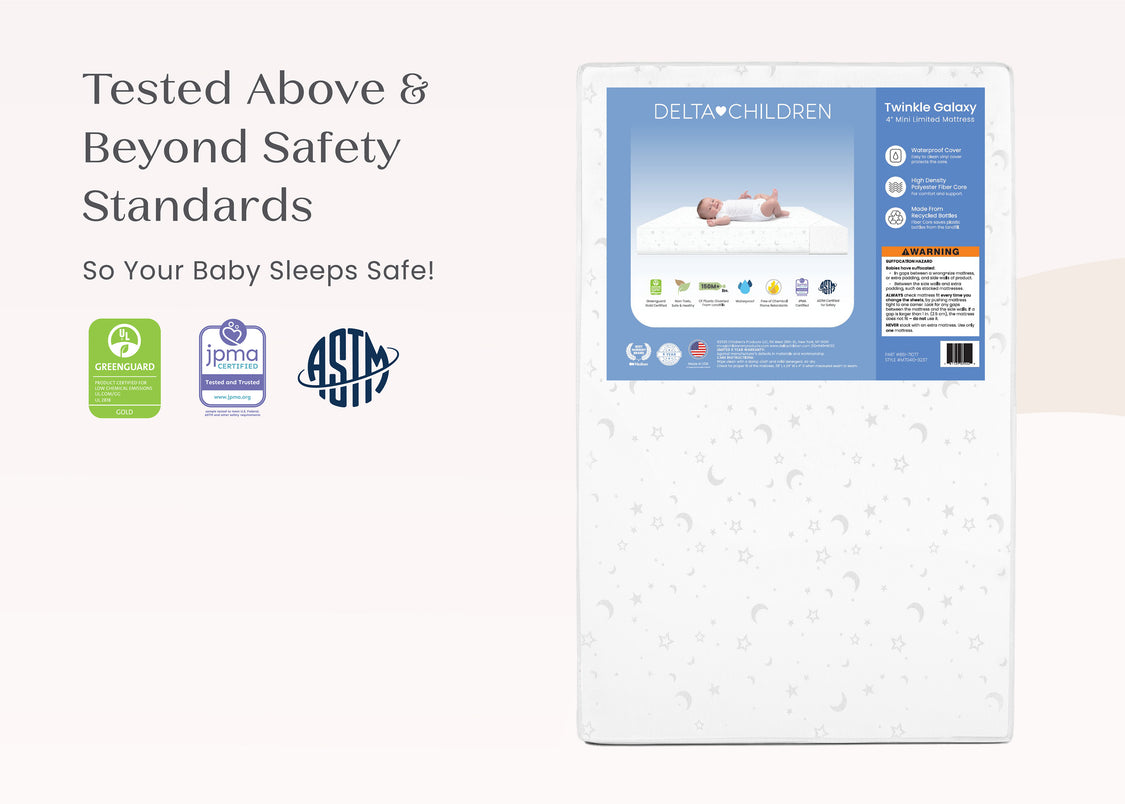 Delta Children mattress topper packaging with safety standards logos on a white background