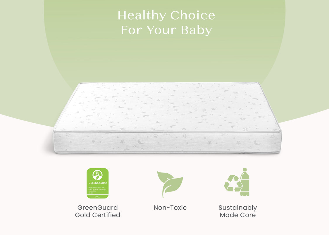 Mattress with GreenGuard Gold certification and sustainability icons on a light green background