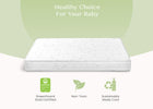 Mattress with GreenGuard Gold certification and sustainability icons on a light green background 5-Twinkle Galaxy Limited 4-inch Mini Crib Mattress
