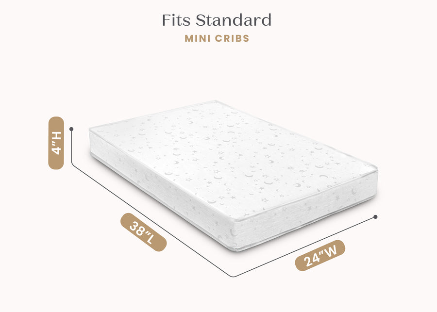 White mattress with dimensions labeled for standard mini cribs on a white background 6-Twinkle Galaxy Limited 4-inch Mini Crib Mattress