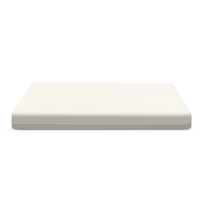 A rectangular mattress topper or memory foam pad in a warm off-white/cream color, featuring a subtle geometric pattern on the top surface and a textured side edge, shown against a plain white background. 11-BreatheClear Breathable Crib Mattress and Toddler Mattress