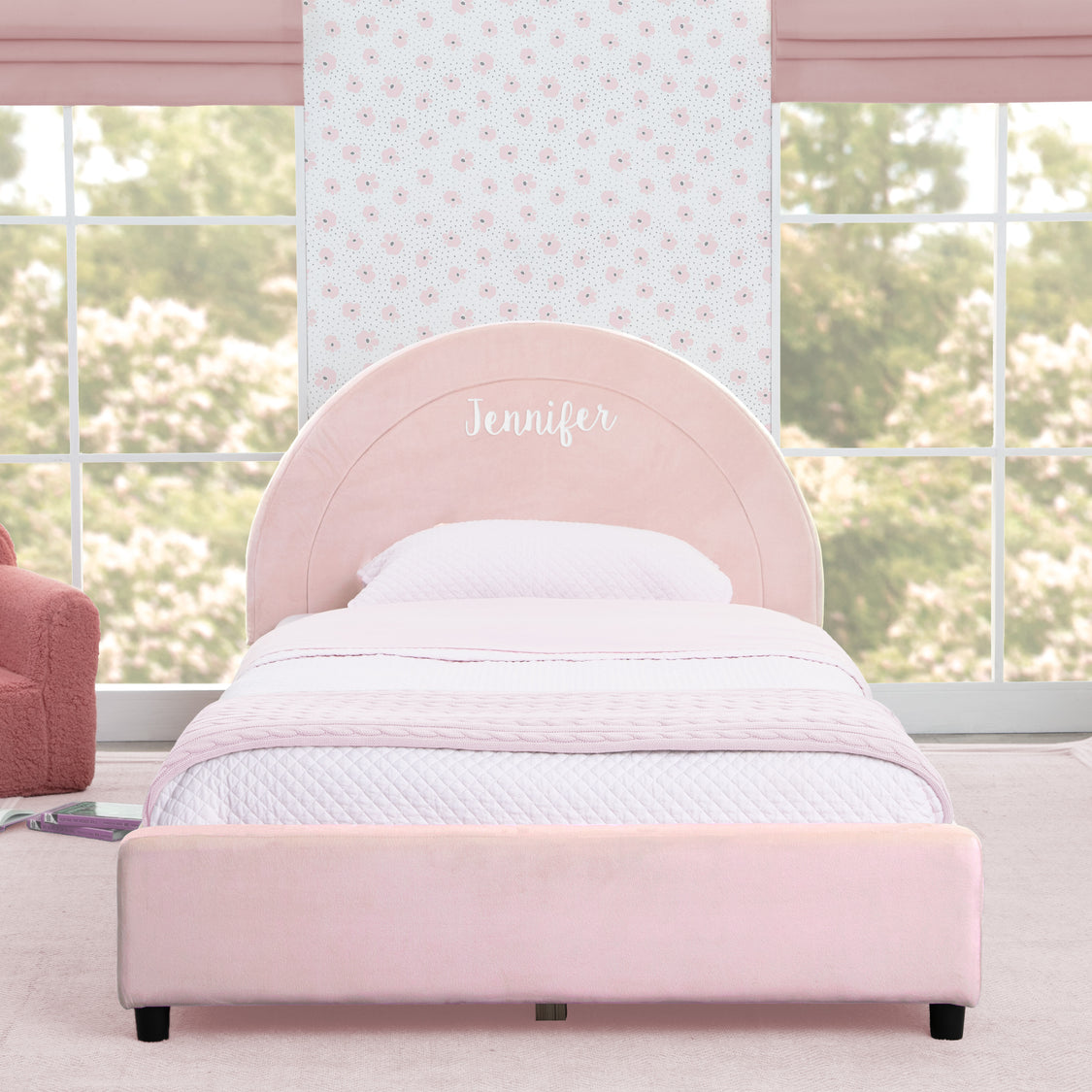 Personalized Upholstered Twin Bed with Round Headboard