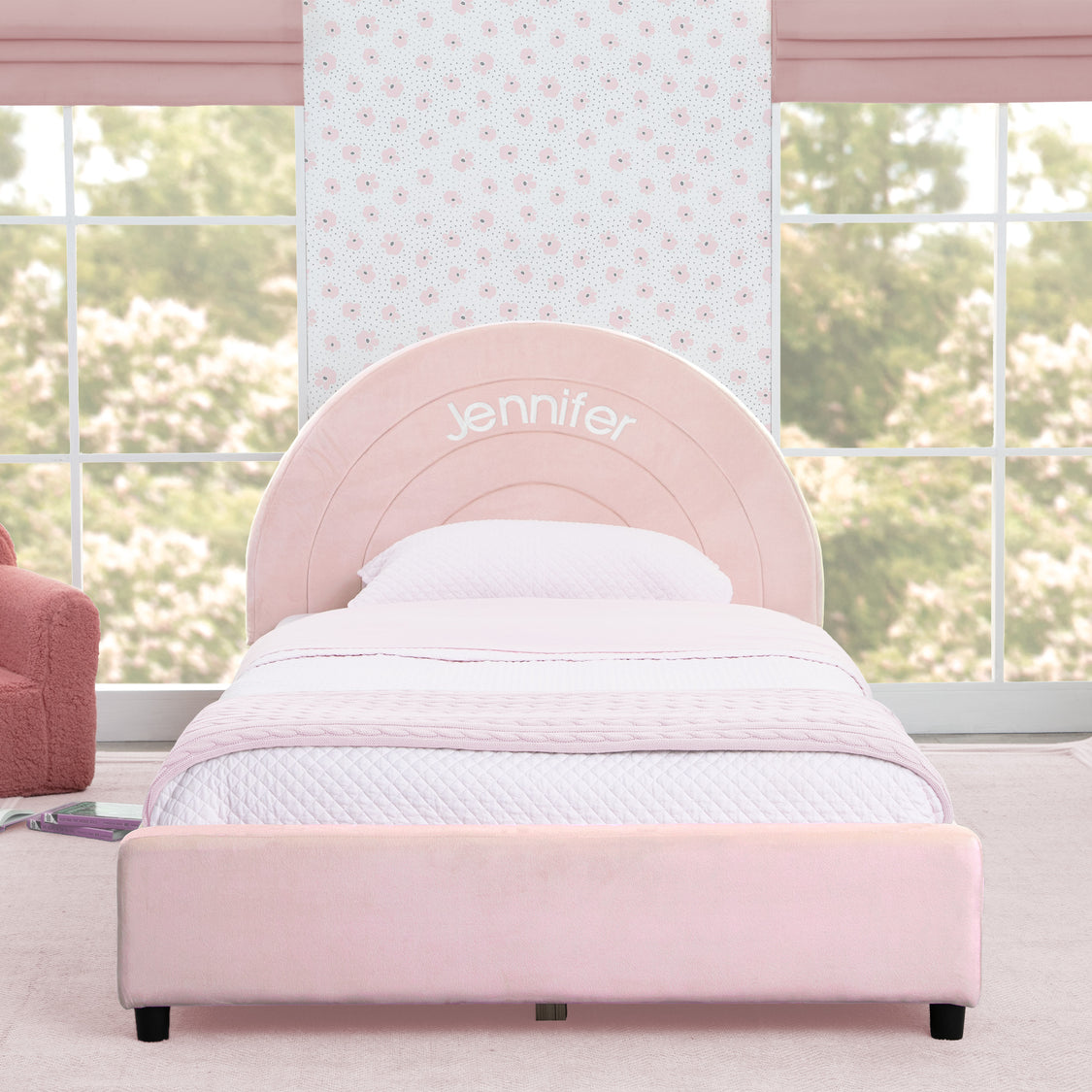 Personalized Upholstered Twin Bed with Round Headboard