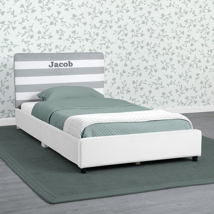EMBB81573 1603 upholstered twin bed white grey stripes velvet lifestyle 101 1-Personalized Upholstered  Twin Bed with Headboard