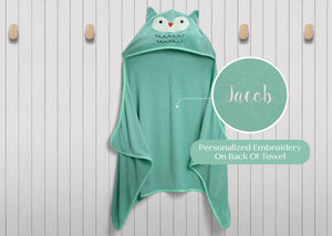 Light Teal Owl (1258) 0-Personalized Kids Hooded Bath Towel with Pockets